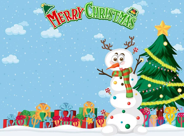Joyeux Poster Noël Avec Bonhomme Neige Mignon Illustration Arbre — Image vectorielle