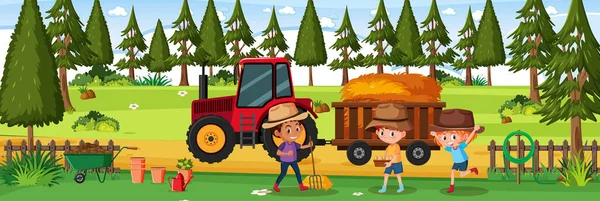 Granja Horizontal Paisaje Escena Con Muchos Niños Ilustración — Vector de stock