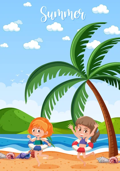 Summer season with two girls wearing swimwears illustration