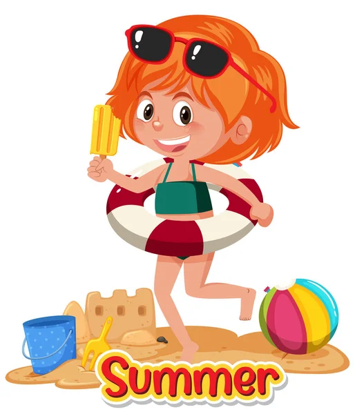 Happy Girl Summer Beach Theme Illustration — Stock Vector