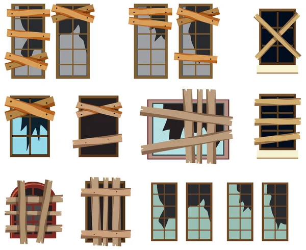 Conjunto Diferentes Ventanas Ruinas Ilustración — Vector de stock