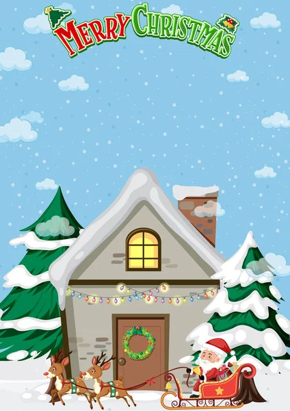 Merry Christmas Poster Santa Reindeer Front House Illustration — Stok Vektör