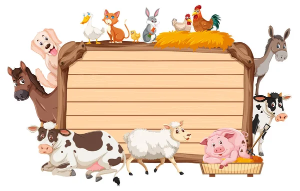 Empty Wooden Board Various Farm Animals Illustration — Stock Vector
