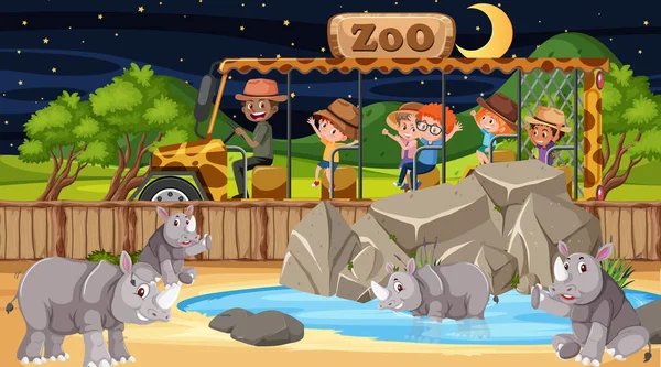 Safari Escena Nocturna Con Muchos Niños Viendo Ilustración Grupo Leopardo — Archivo Imágenes Vectoriales