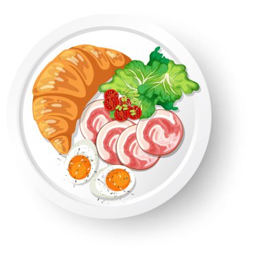 Breakfast croissant with meat and boiled egg on white plate illustration