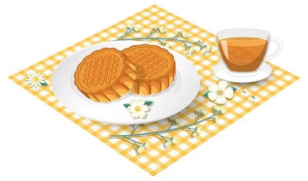 テーブルクロスのイラストにティーアップがセットされたムーンケーキ — ストックベクタ