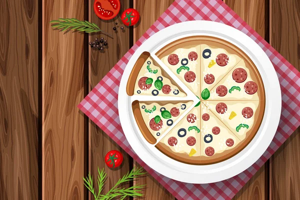 Ser Salami Pizza Drewnianym Stole Ilustracja — Wektor stockowy