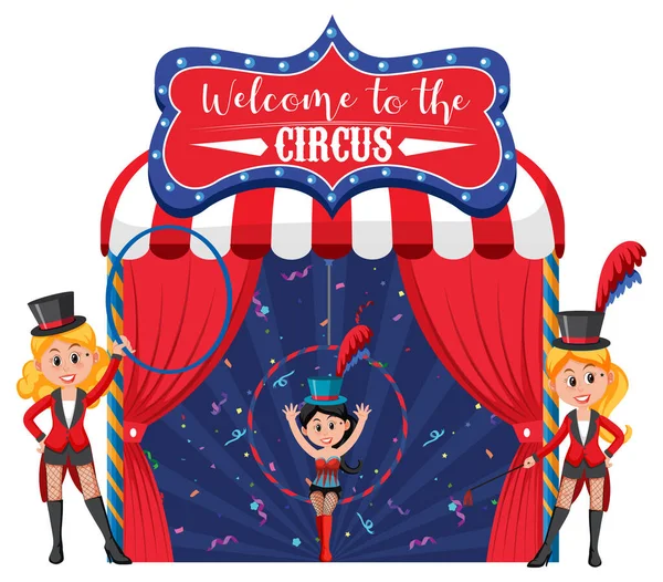 Добро Пожаловать Цирковой Баннер Иллюстрациями Девочек Фокусниц — стоковый вектор