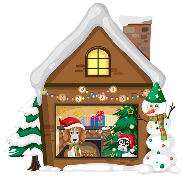 Cute Dogs Christmas House White Background Illustration — Stock Vector