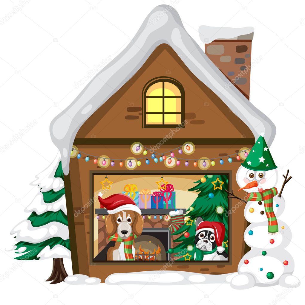 Cute dogs in christmas house on white background illustration