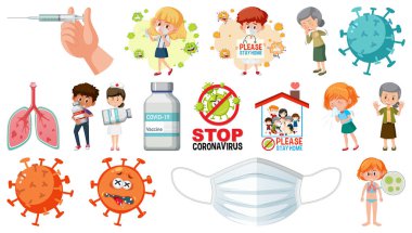 Çizgi film karakteri ve Coronavirus aşısı izole nesneler çizimi