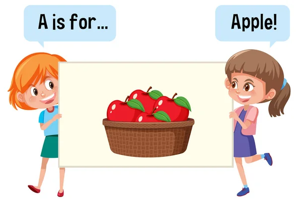 Cartoon Personaggio Due Bambini Ortografia Frutta Vocabolario Illustrazione — Vettoriale Stock