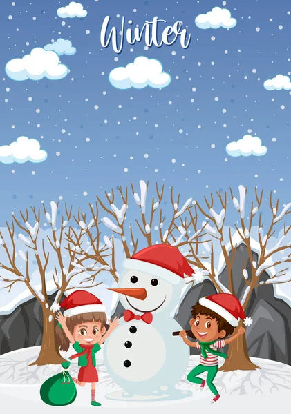 Winter Season Background Children Snowman Illustration — Vetor de Stock