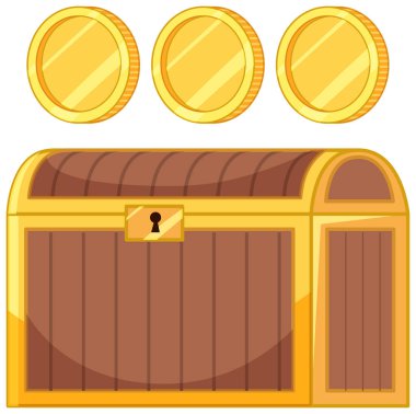 Golden coins with chest on white background illustration