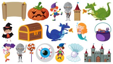 İzole edilmiş çizgi film karakterleri ve nesneler çizimi