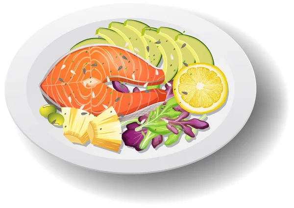 健康饮食 白盘上有鲑鱼牛排插图 — 图库矢量图片