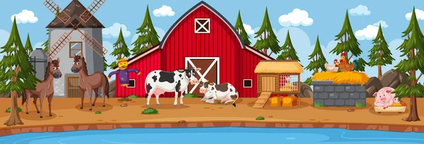 Сцена Горизонтального Пейзажа Фермы Иллюстрацией Сельскохозяйственных Животных — стоковый вектор