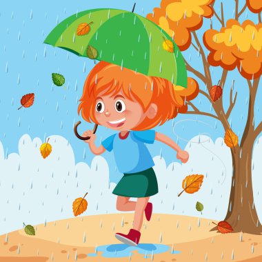 Happy girl in rain with umbrella illustration