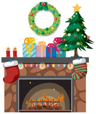 Noel temalı resimde dekoratif nesnelerle şömine