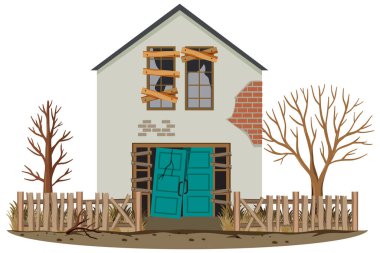 Beyaz arkaplanda terk edilmiş bir ev