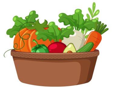 Vegetables in a basket on white background illustration