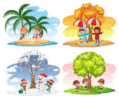 Different scenes with children in four seasons illustration