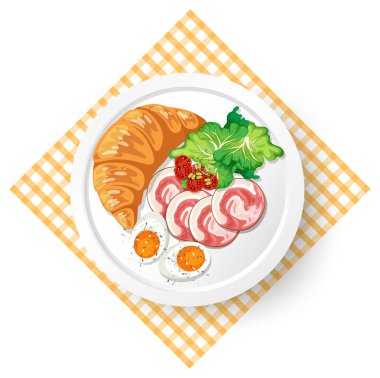 Breakfast croissant with meat and boiled egg on white plate illustration