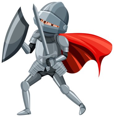 Ortaçağ şövalyesi kalkanı ve kılıç karikatürü karakteri izole edilmiş.