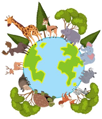 African animals standing on the earth planet in flat style illustration