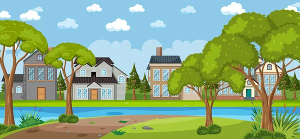 Landscape Scene Park Houses Background Illustration — 스톡 벡터