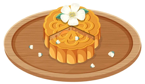 Flower Mooncake Wooden Plate Illustration — Vetor de Stock