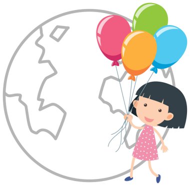 Little girl holding colourful balloons illustration