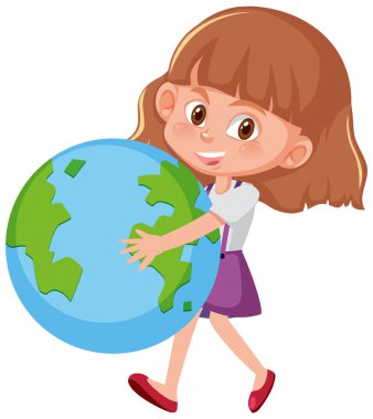 Happy cute girl holding earth globe illustration