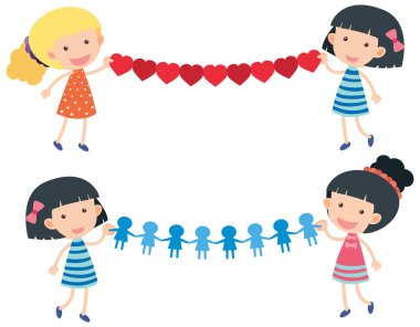 Children holding paper heart chain on white background illustration