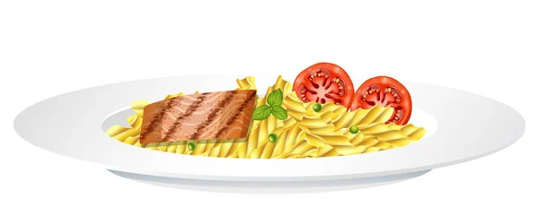 魚のステーキとトマトのイラストとパスタフュージリ — ストックベクタ
