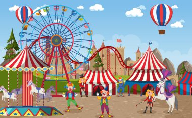 Dönme dolap ve sirk resimli lunapark sahnesi