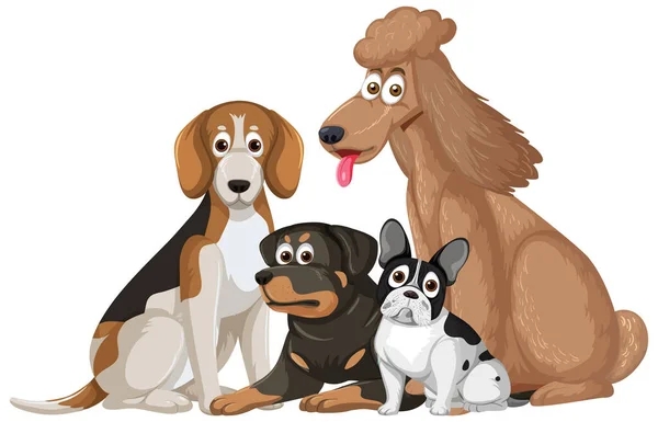 Variety Dog Breeds Cartoon Character Illustration — Stock Vector