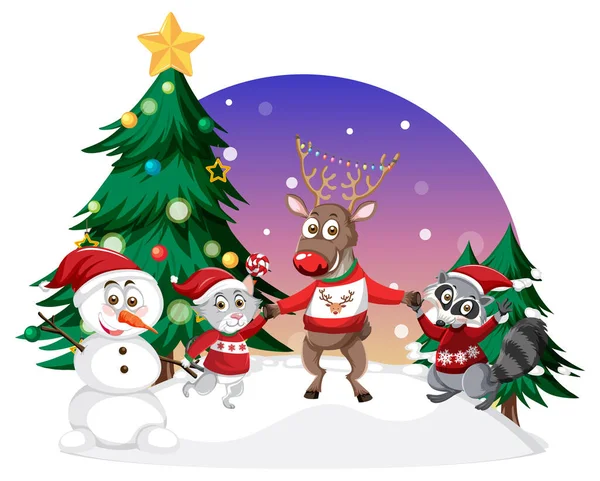 Animaux Heureux Dans Illustration Thème Noël — Image vectorielle