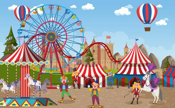 Vidámpark Jelenet Óriáskerék Cirkuszi Kupola Illusztrációval — Stock Vector