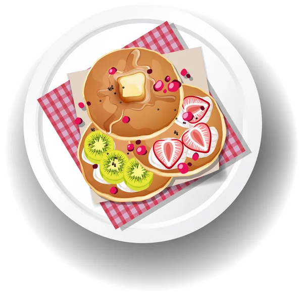 Pancake Mixed Fruits White Plate Illustration — Stock Vector