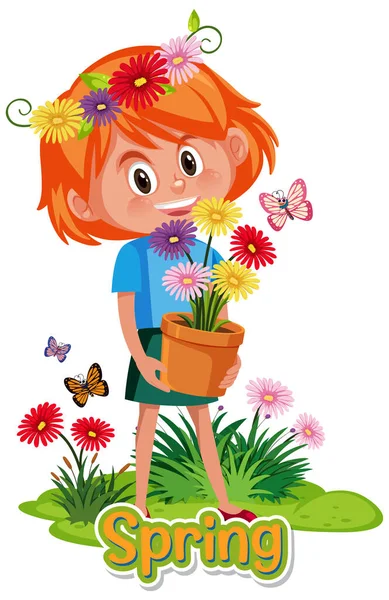 Cute Girl Holding Flower Pot Spring Word Illustration — стоковый вектор