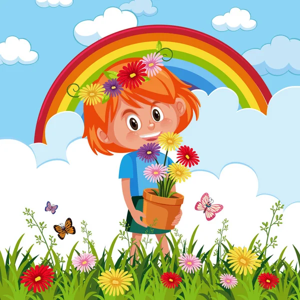 快乐的女孩拿着花盆在花园里插画 — 图库矢量图片