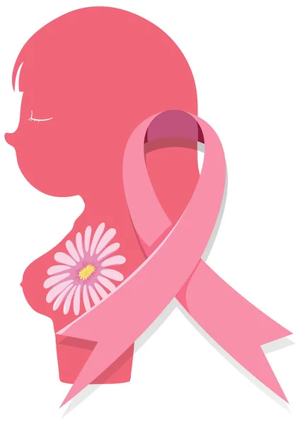 Pink Woman Silhouette Flower Pink Ribbon Illustration — Vetor de Stock