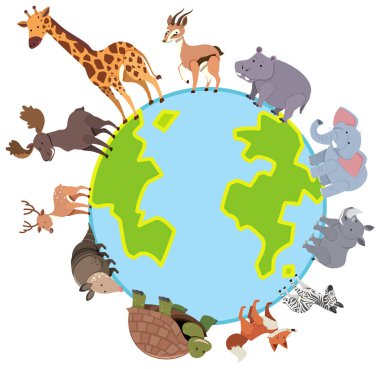 African animals standing on the earth planet in flat style illustration