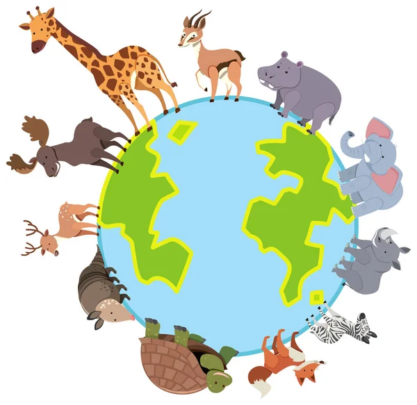 African animals standing on the earth planet in flat style illustration