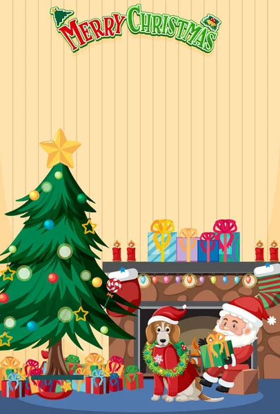 Joyeux Modèle Affiche Noël Avec Père Noël Mignon Chien Illustration — Image vectorielle