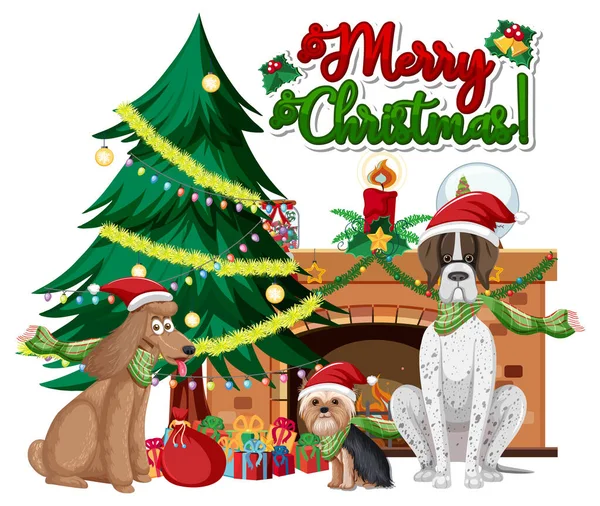 Merry Christmas Text Logo Christmas Tree Cute Dogs Illustration — Stock Vector