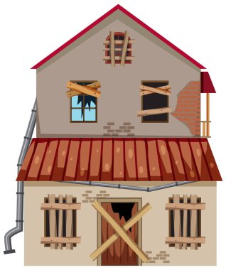 Beyaz arkaplanda terk edilmiş bir ev