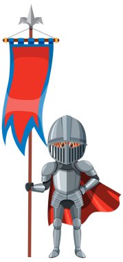 Medieval knight holding flag on white background illustration