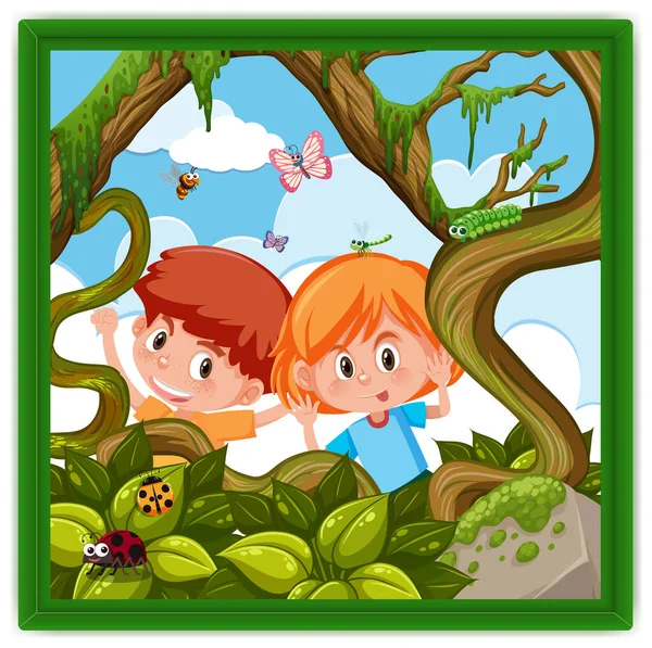 Two Kids Forest Photo Frame Isolated Illustration — Stock vektor